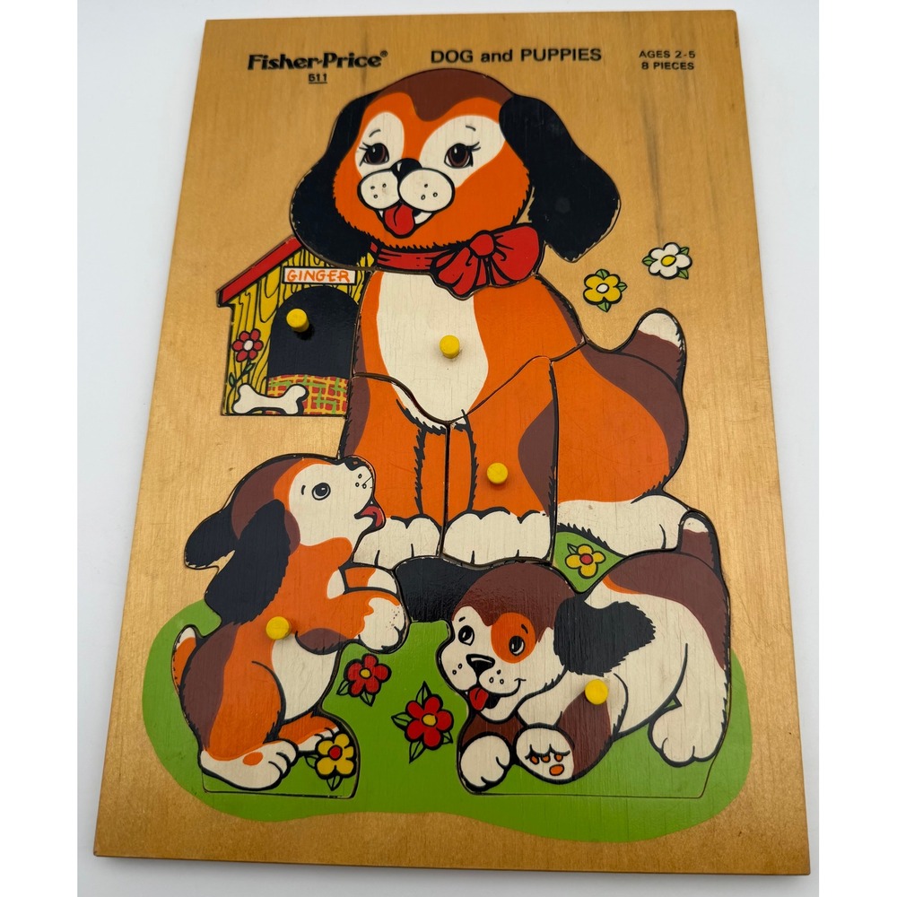 Vintage Fisher-Price 511 Dog and Puppies Wood Tray Peg Puzzle 8 Pieces 1976